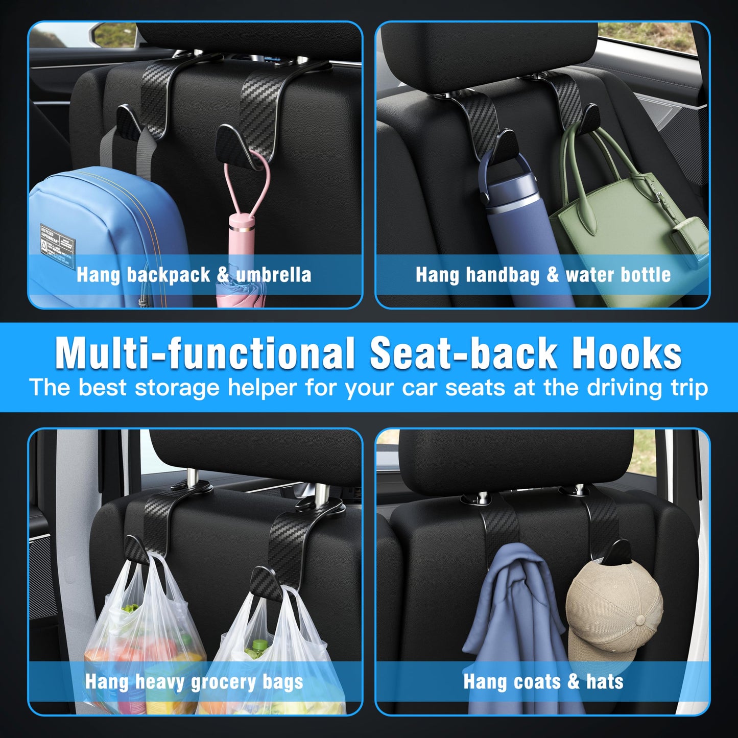 Amooca Car Seat Headrest Hooks 4-Pack – Heavy Duty